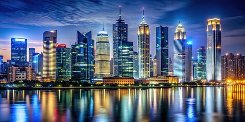 Obraz premium Night skyline of modern city with illuminated skyscrapers and buildings, cityscape, urban, night, lights