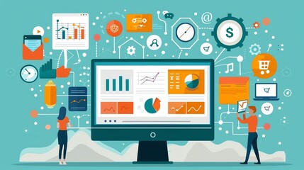 Business analytics dashboard on a computer screen with people.