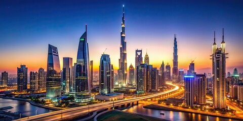 Fototapeta premium Futuristic Dubai skyline at dusk showcasing modern architecture and illuminated city lights, Dubai, UAE, skyline