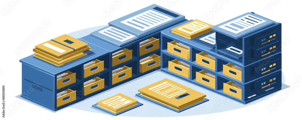Poster a stack of boxes with papers inside. the boxes are blue and yellow. the boxes are piled on top of ea