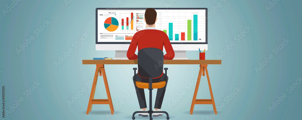 Poster a man is sitting at a desk with a computer monitor in front of him. he is working on a project and h