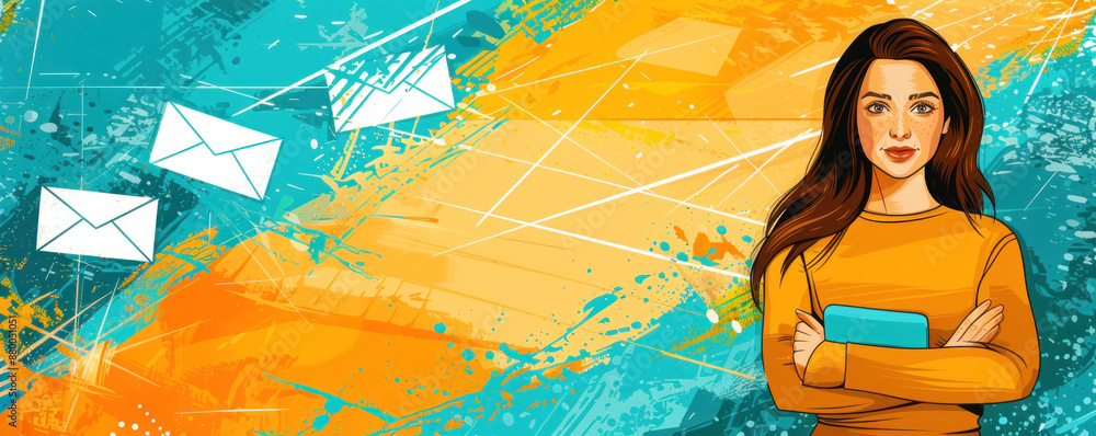 Poster a woman is standing in front of a colorful background with a book in her hand. the background is fil