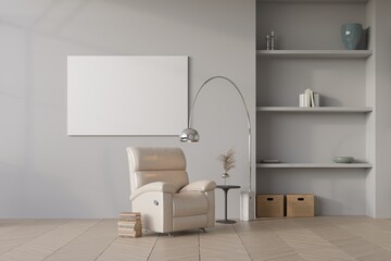 poster mockup in cozy monochrome interior background with minimalist modern furniture and decor, minimalist style, 3d render