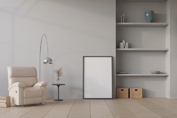 poster mockup in cozy monochrome interior background with minimalist modern furniture and decor, minimalist style, 3d render