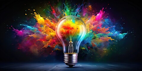 Lightbulb eureka moment with a colorful explosion of paint energy , creativity, inspiration, innovative, lightbulb