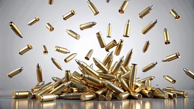 Isolated of falling bullets, ammo, bullets, falling, dropping, ammunition, silver, metal, gun, danger, war, military, weapon