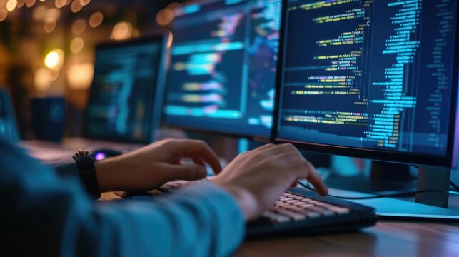 Close-up of a programmer's hands typing on a backlit keyboard, with lines of code displayed across multiple computer screens. AIG41