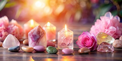 Healing reiki chakra crystals therapy session with rose quartz for relaxation and spiritual well-being, healing
