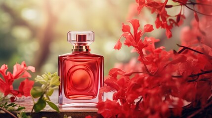 Transparent red glass perfume bottle mockup with plants on background. Eau de toilette. Mockup, spring flat lay.