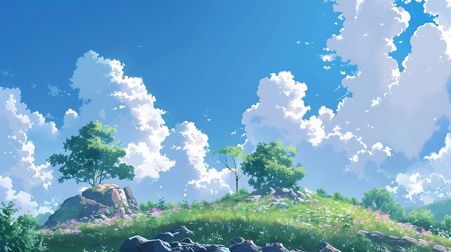 Scenic anime landscape with fluffy clouds and rolling hills