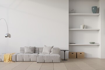 Wall mockup in cozy monochrome interior background with minimalist modern furniture and decor, minimalist style, 3d render