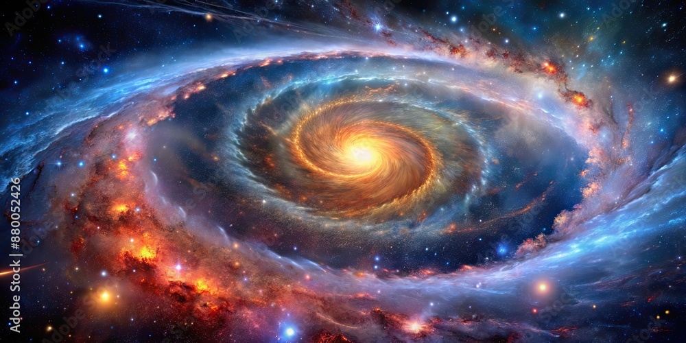 Sticker dynamic galactic swirls and colorful star fields in the vast cosmos, captured through mesmerizing as