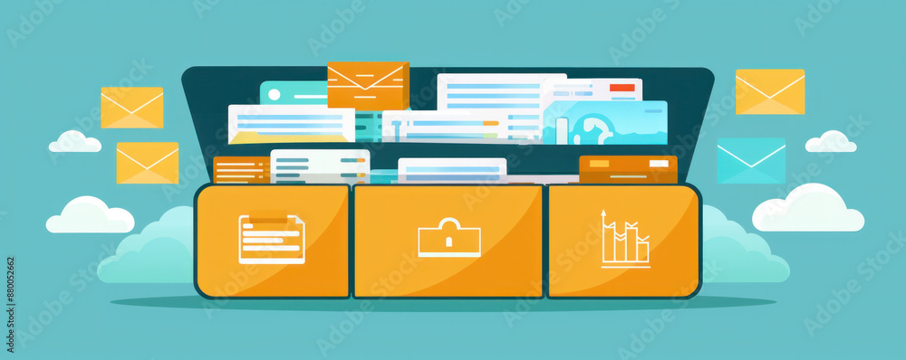 Poster a folder with many emails and documents inside. the folder is yellow and has three compartments. the