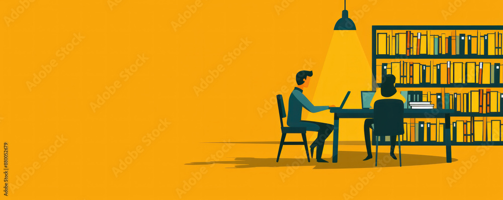 Poster a man and a woman are sitting at a desk in front of a bookshelf. the man is using a laptop while the