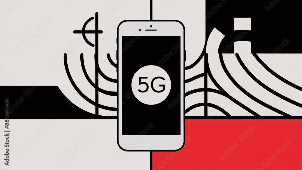 Aufkleber minimalist 5g smartphone illustration with abstract signal elements and bold geometric background em