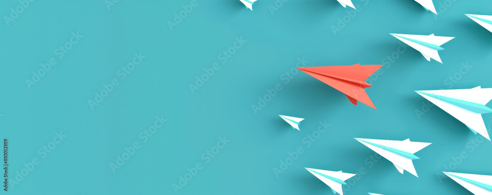 Poster a blue background with a red paper airplane flying through a group of paper airplanes. the red airpl