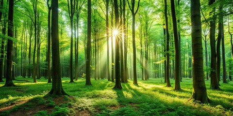 Lush green forest with tall trees and sunlight filtering through the leaves, nature, landscape, trees, woods, foliage