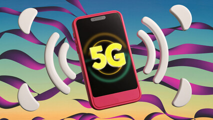 Vibrant 5G Technology Display with Smartphone Featuring Bold 5G Symbol and Abstract Signal Waves Against a Colorful Gradient Background