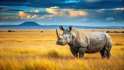 Obraz premium Nashorn standing in the African savanna , wildlife, nature, safari, horn, mammal, grassland, wilderness, animal, safari