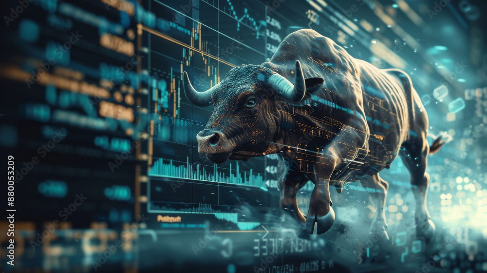 Poster a bull is running through a wall of numbers and graphs