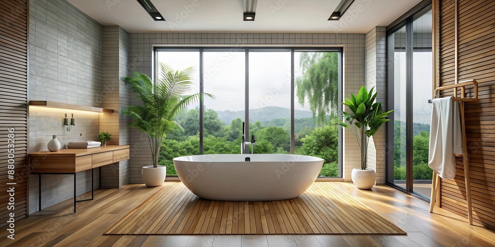 Sticker Modern bathroom interior with freestanding bathtub, luxury, contemporary, design, relax, comfort, spa, clean, elegant