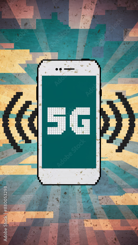 Poster retro pixel art style 5g concept with smartphone displaying 5g symbol and signal waves against a dis
