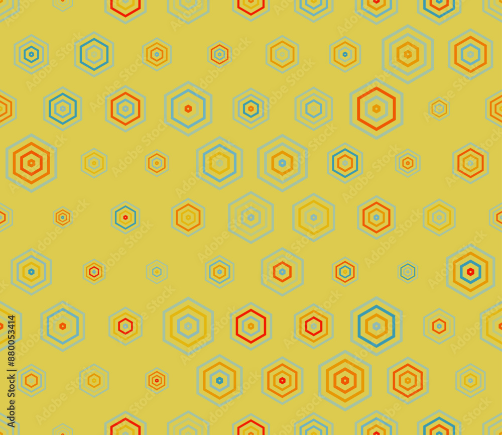 Poster tileable hexagon background with multicolored geometric elements of varied sizes. simple stacked hex