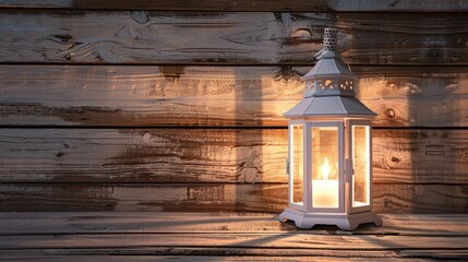 Light from white lantern on wood background with empty space
