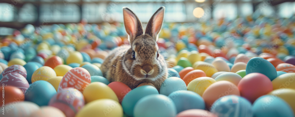 Poster a rabbit is laying in a pile of colorful easter eggs. the scene is playful and whimsical, with the r