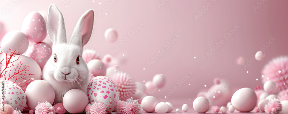 Poster a rabbit is sitting on a pile of pink eggs. the image has a playful and whimsical mood, with the rab
