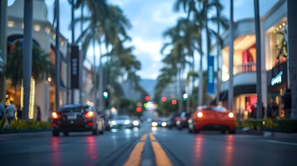 Blurry Nighttime Cityscape of Luxury Shops and Cars on City Street
