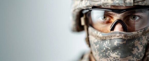 Special forces unit member standing in full gear, white background, natural lighting