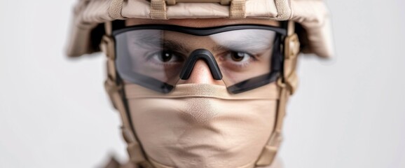 Tactical unit member fully equipped, clear white background, natural lighting