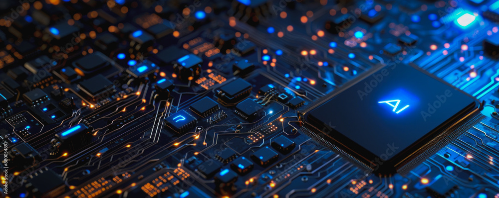 Poster a computer chip with a glowing a on it. the chip is surrounded by a blue and orange background