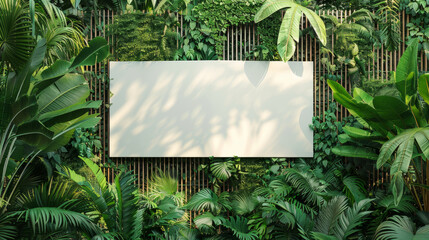 Blank banner on garden fence surrounded by lush greenery, perfect for community event promotions.