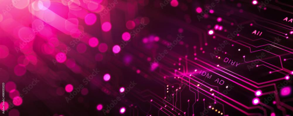 Poster A computer screen with pink and purple colors and a lot of dots. The dots are arranged in a way that they look like a circuit board