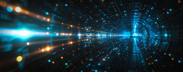 Naklejka premium A blue and orange lighted tunnel with a large A in the middle. The tunnel is filled with many small lights that are scattered throughout the tunnel