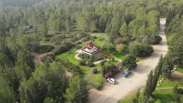 Aerial Panning Shot Of Famous Buddhist Temple , Ben Shemen Forest, Israel