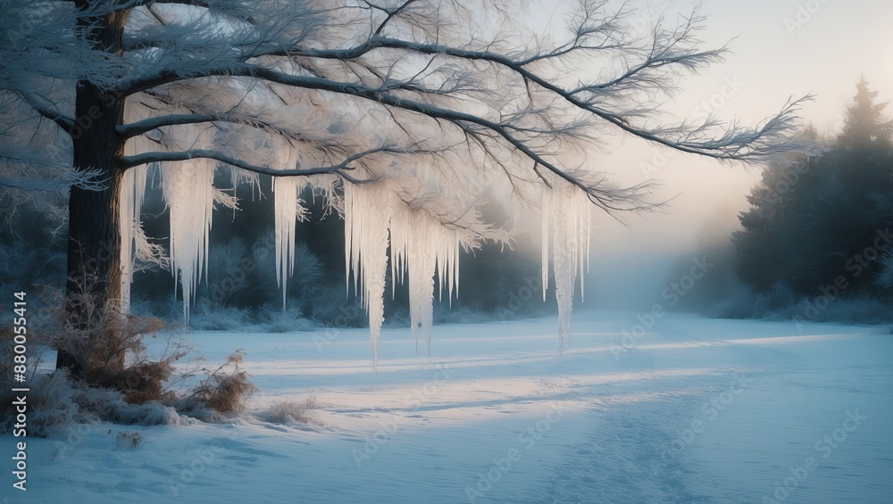 Sticker A tree with icicles hanging from its branches in a foggy forest setting