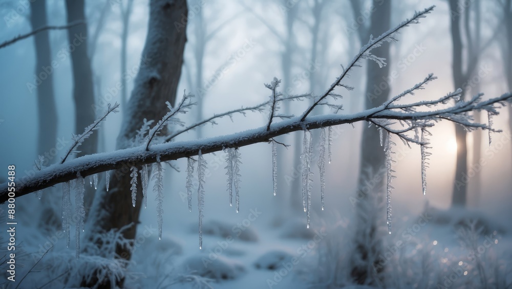 Poster Icicles form on a tree branch in a snowy forest