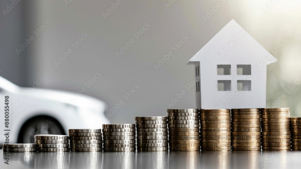 Poster a stack of coins and a house made of coins. the coins are piled up in a way that they resemble a hou