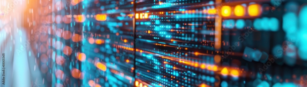 Poster abstract close-up of illuminated data server showing blue and orange lights, representing digital in