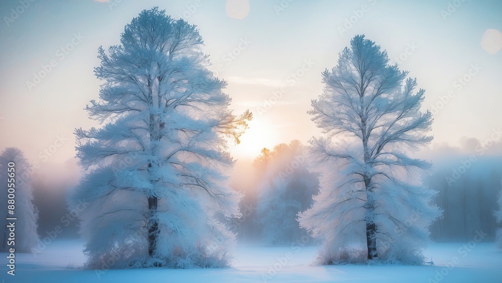 Poster Two trees covered in frost stand tall in a snowy landscape at sunrise, with a soft, ethereal glow