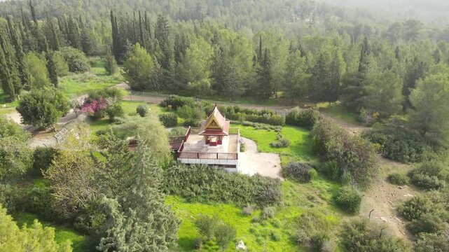 Aerial Panning Shot Of Famous Buddhist Temple , Ben Shemen Forest, Israel