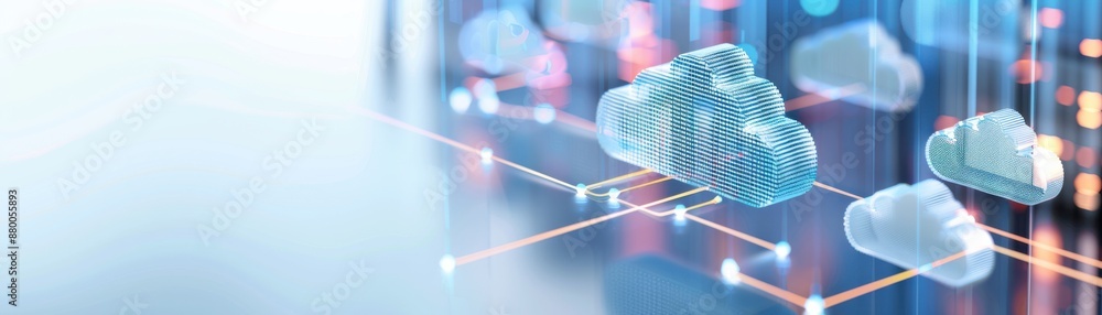 Poster abstract digital image of cloud computing network, illustrating data storage, cybersecurity, and tec