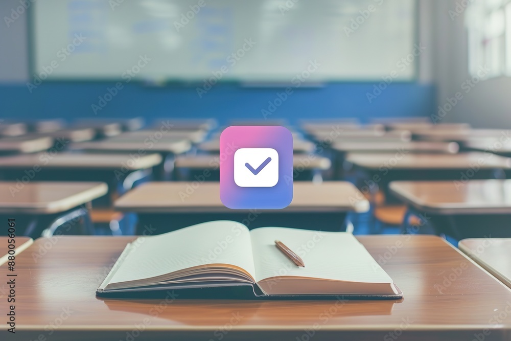 Poster a classroom desk with an open notebook on it, and the background is blurred to show rows of desks in