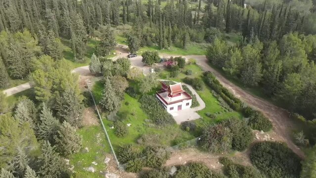 Aerial Panning Shot Of Famous Buddhist Temple , Ben Shemen Forest, Israel