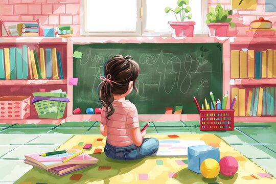 A girl is sitting on the floor in a room with a chalkboard