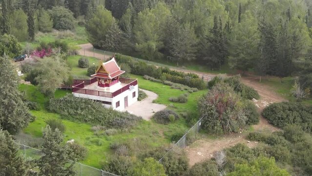 Aerial Panning Shot Of Famous Buddhist Temple , Ben Shemen Forest, Israel