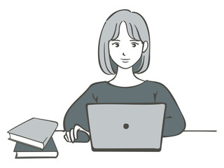 ノートパソコンで仕事をする女性の手書きイラスト素材